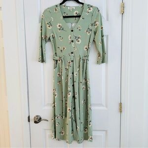 Monteau Sage Green Floral Button-Front Midi Dress